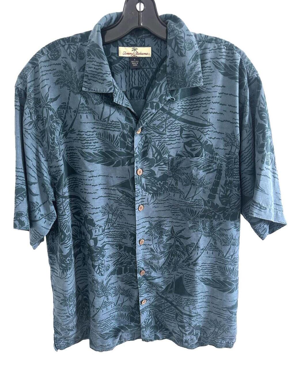 Tommy Bahama Men's 100% Silk Hawaiian Shirt Blue Tropical Print - Small